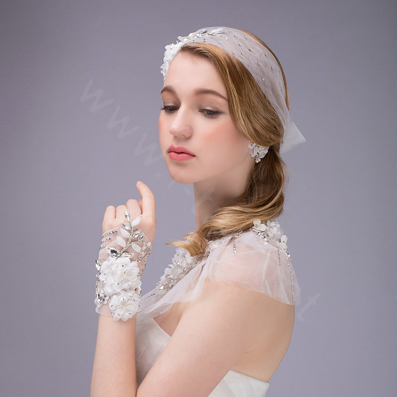 Luxurious Bride Crystal Lace Flower Wedding Shawl Bridal Duchess Shoulder Chain & Earrings Jewelry