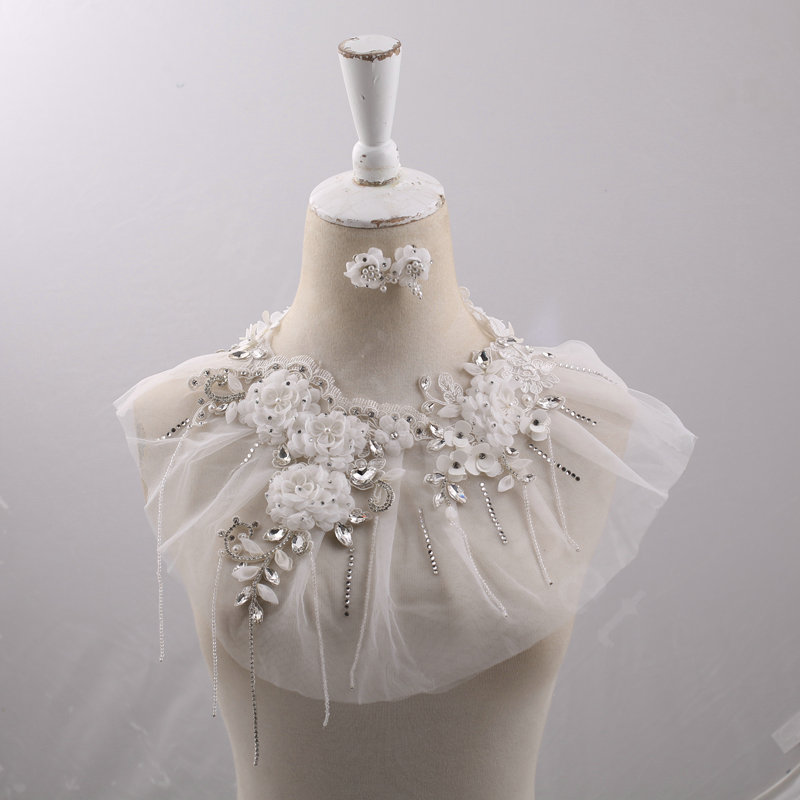 Luxurious Bride Crystal Lace Flower Wedding Shawl Bridal Duchess Shoulder Chain & Earrings Jewelry
