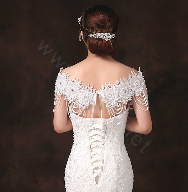 Luxurious Bride Crystal Lace Flower Wedding Shawl Nail Bead Tassel Bridal Shoulder Chain Jewelry