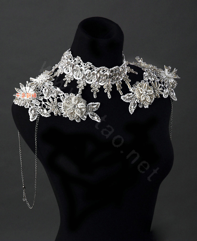 Luxurious Bride Delicate Lace Flower Crystal Wedding Necklace Rhinestone Bridal Shoulder Chain Jewelry