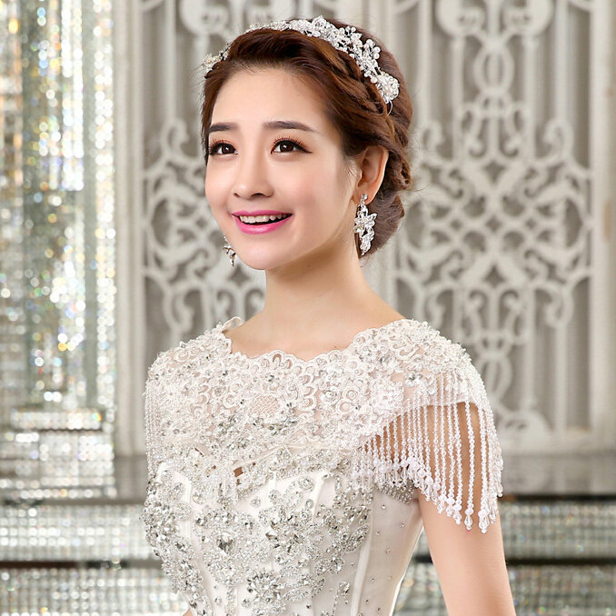 Luxurious Bride Delicate Lace Flower Wedding Shawl Crystal Bead Tassel Bridal Shoulder Chain Jewelry