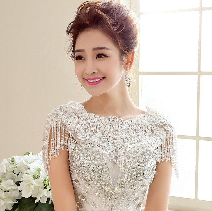 Luxurious Bride Delicate Lace Flower Wedding Shawl Crystal Bead Tassel Bridal Shoulder Chain Jewelry