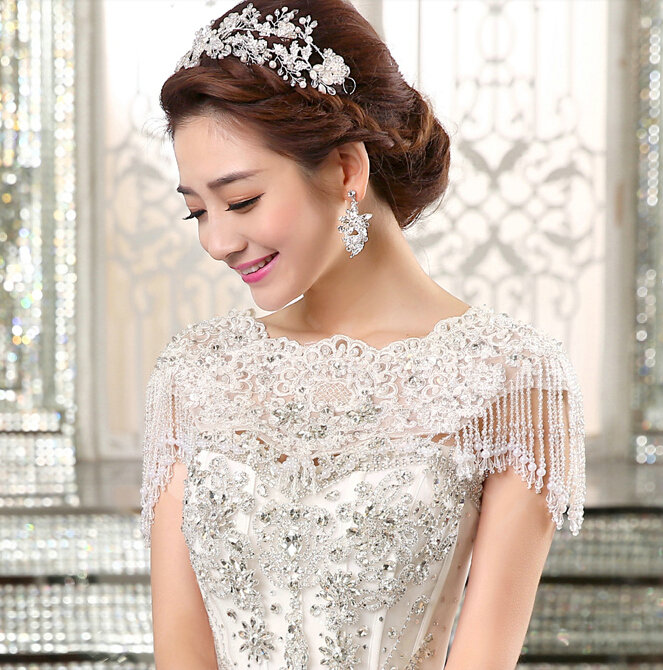 Luxurious Bride Delicate Lace Flower Wedding Shawl Crystal Bead Tassel Bridal Shoulder Chain Jewelry