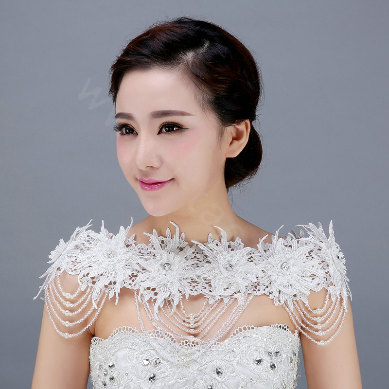 Luxurious Bride Lace Flower Wedding Shawl Pearl Crystal Bead Tassel Bridal Shoulder Chain Jewelry
