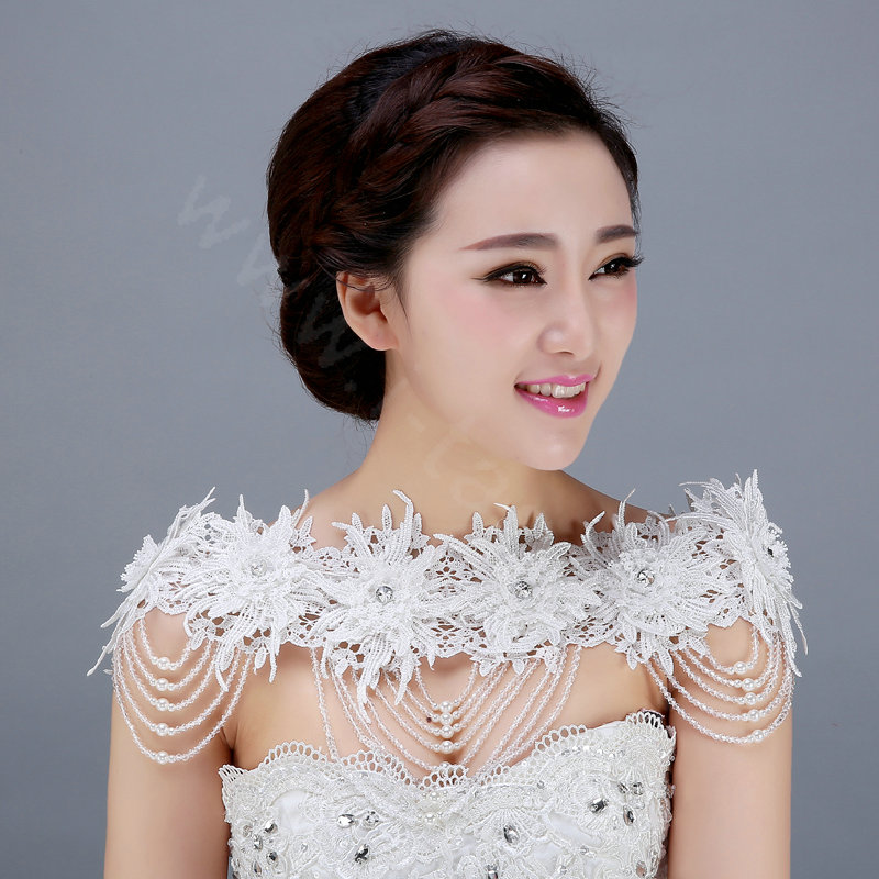 Luxurious Bride Lace Flower Wedding Shawl Pearl Crystal Bead Tassel Bridal Shoulder Chain Jewelry