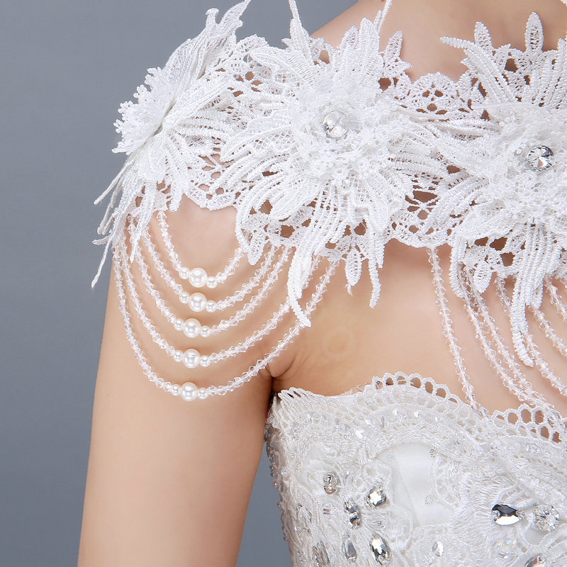 Luxurious Bride Lace Flower Wedding Shawl Pearl Crystal Bead Tassel Bridal Shoulder Chain Jewelry