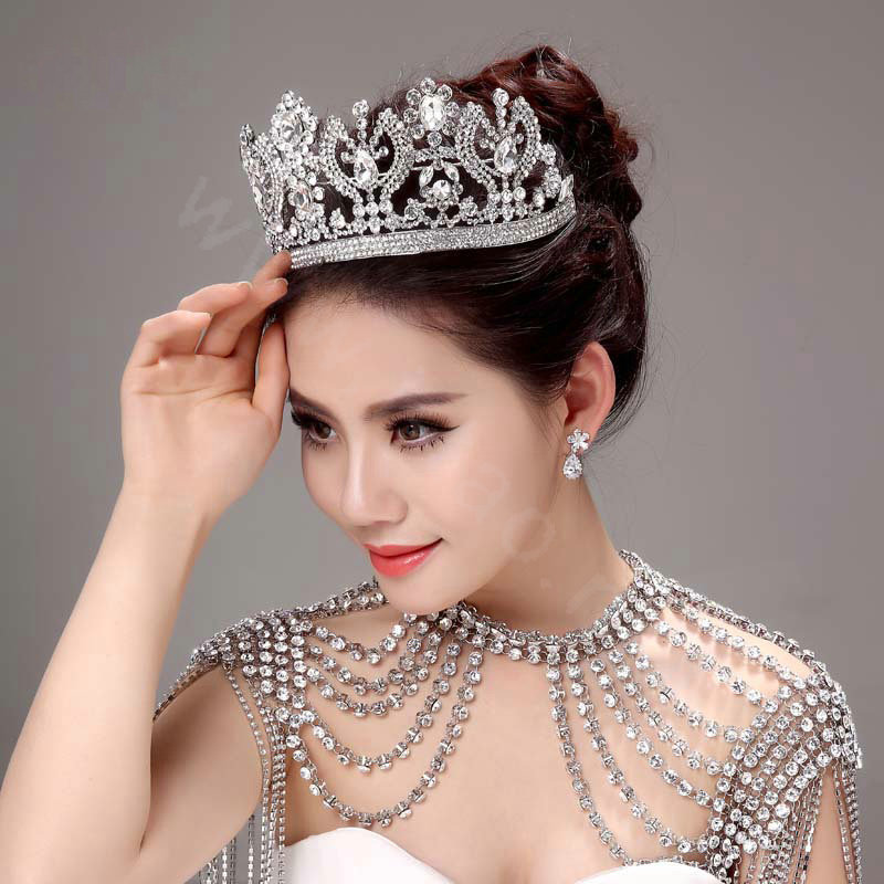 Luxurious Bride Wedding Necklace Crystal Tassel Bridal Rhinestone Shoulder Chain & Big Tiara Jewelry