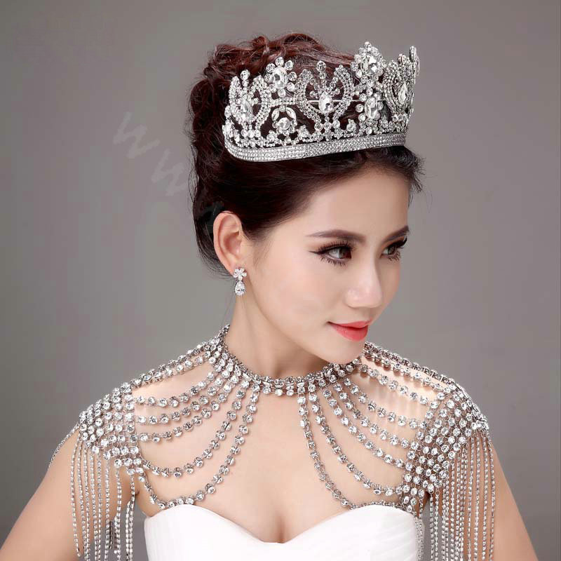 Luxurious Bride Wedding Necklace Crystal Tassel Bridal Rhinestone Shoulder Chain & Big Tiara Jewelry