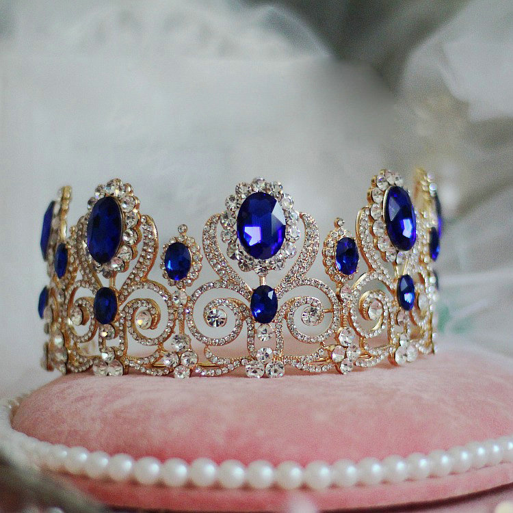 Luxurious European Style Large Blue Gem Crystal Pageant Tiaras Wedding Bridal Hair Rhinestone Crown