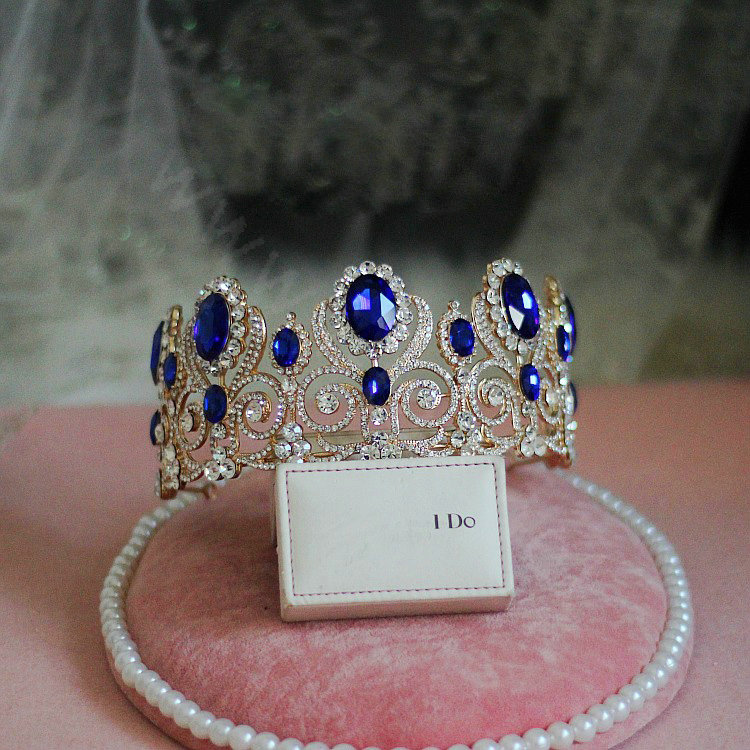 Luxurious European Style Large Blue Gem Crystal Pageant Tiaras Wedding Bridal Hair Rhinestone Crown