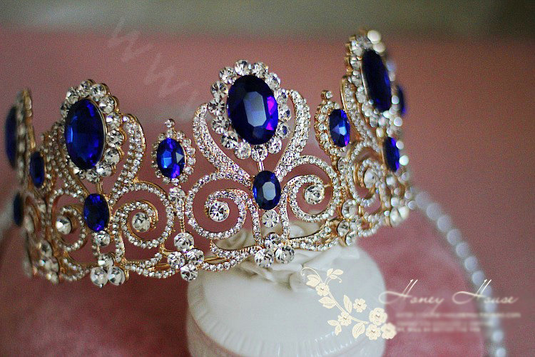 Luxurious European Style Large Blue Gem Crystal Pageant Tiaras Wedding Bridal Hair Rhinestone Crown