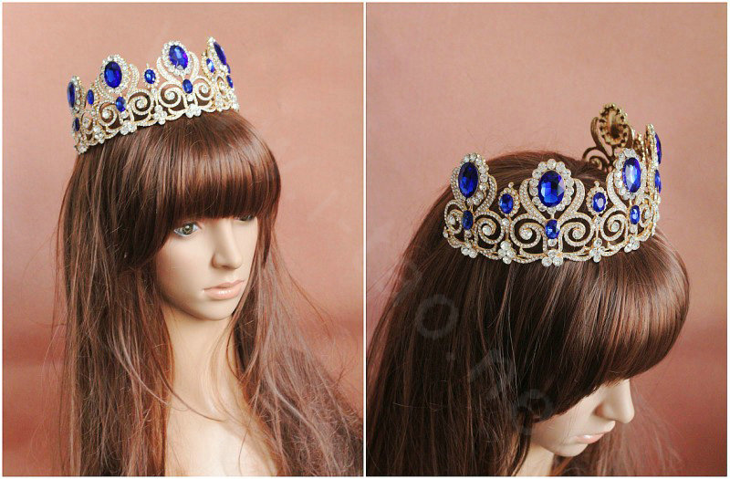 Luxurious European Style Large Blue Gem Crystal Pageant Tiaras Wedding Bridal Hair Rhinestone Crown