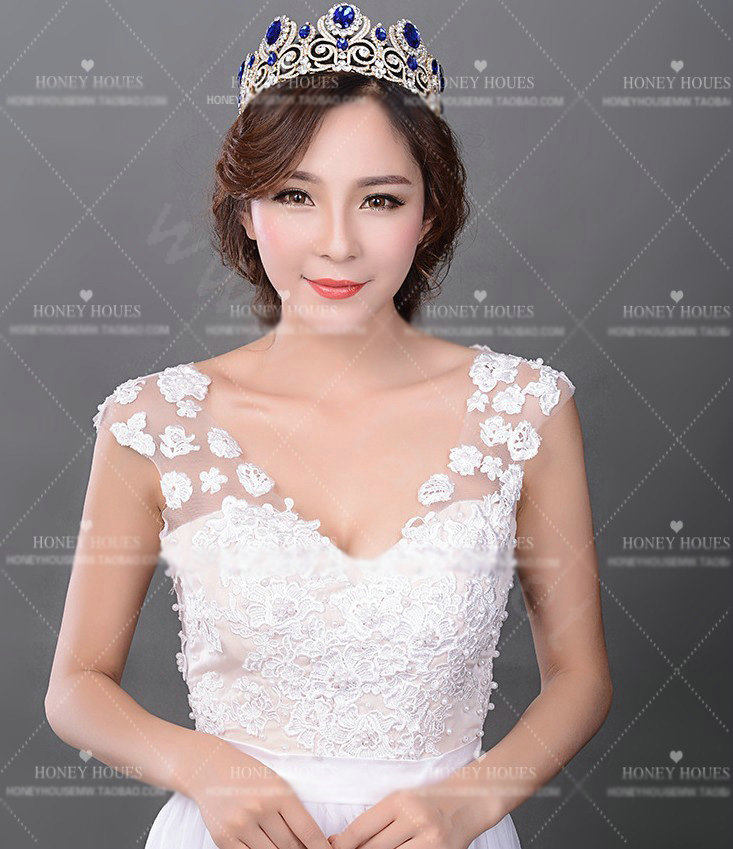 Luxurious European Style Large Blue Gem Crystal Pageant Tiaras Wedding Bridal Hair Rhinestone Crown