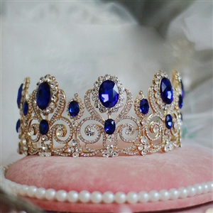 Luxurious European Style Large Blue Gem Crystal Pageant Tiaras Wedding Bridal Hair Rhinestone Crown