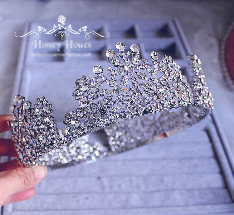Luxurious European Style Large Round Crystal Princess Tiaras Wedding Bridal Hair Rhinestone Crown
