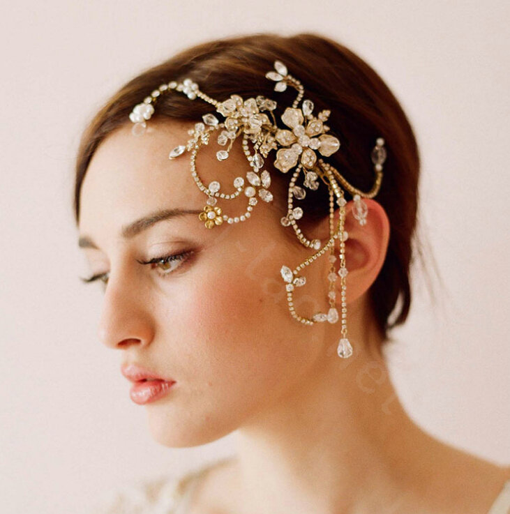 Luxury Bridal Wedding Alloy Flower Crystal Beads Tassel Bride Pearl Headband Hair Comb Accessories