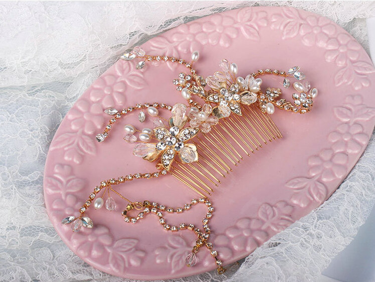 Luxury Bridal Wedding Alloy Flower Crystal Beads Tassel Bride Pearl Headband Hair Comb Accessories