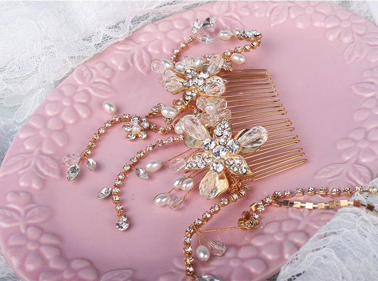 Luxury Bridal Wedding Alloy Flower Crystal Beads Tassel Bride Pearl Headband Hair Comb Accessories