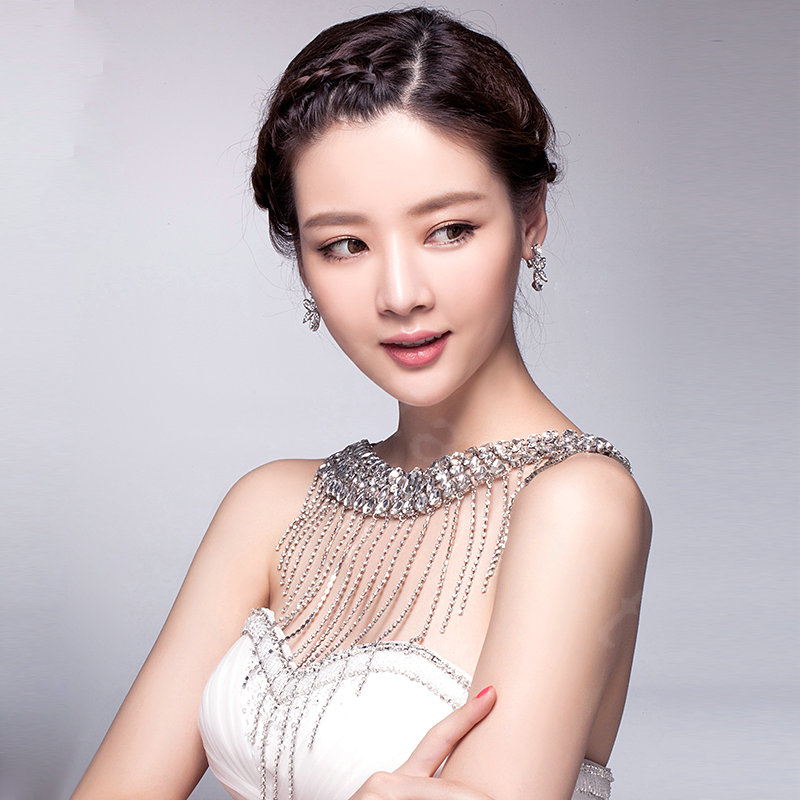 Luxury Bride Wedding Crystal Long Tassel Rhinestone Bridal Shoulder Chain Necklace Jewelry
