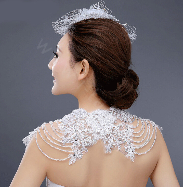 Luxury Bride Wedding Rhinestone Lace Flower Crystal Beads Tassel Bridal Choker Shoulder Chain Jewelry