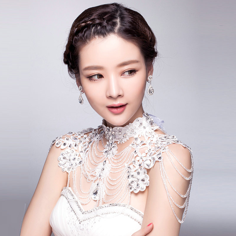 Luxury Bride Wedding Rhinestone Lace Flower Crystal Beads Tassel Necklace Bridal Shoulder Chain Jewelry