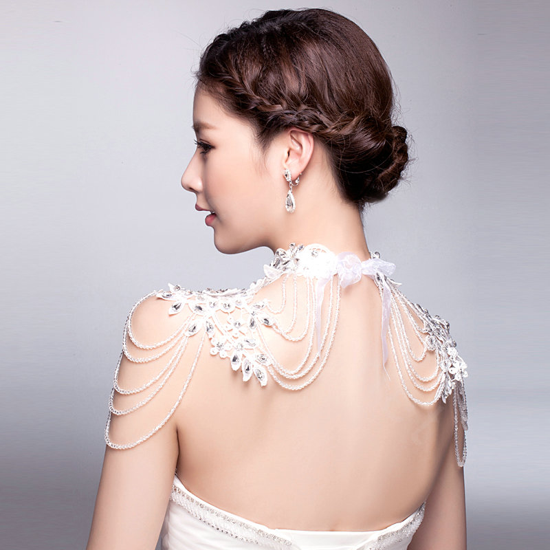 Luxury Bride Wedding Rhinestone Lace Flower Crystal Beads Tassel Necklace Bridal Shoulder Chain Jewelry