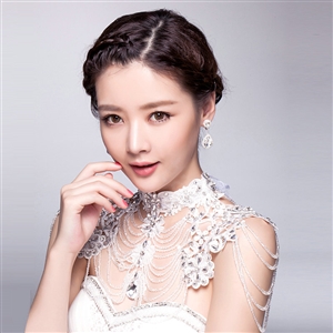 Luxury Bride Wedding Rhinestone Lace Flower Crystal Beads Tassel Necklace Bridal Shoulder Chain Jewelry