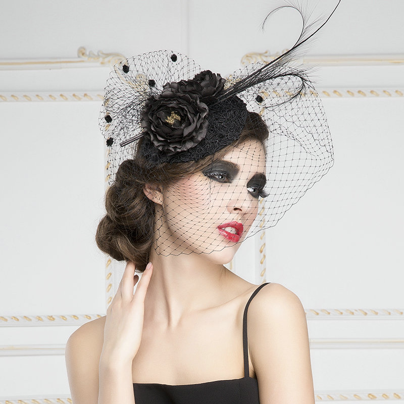 Luxury European Black Birdcage Bridal Flower Feathers Fascinator Hair Hoop Bride Wedding Prom Hats Face Veils