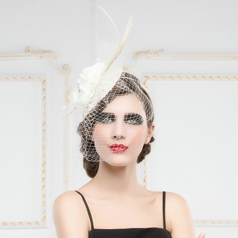 Luxury European White Birdcage Bridal Flower Feathers Fascinator Hair Hoop Bride Wedding Prom Hats Face Veils