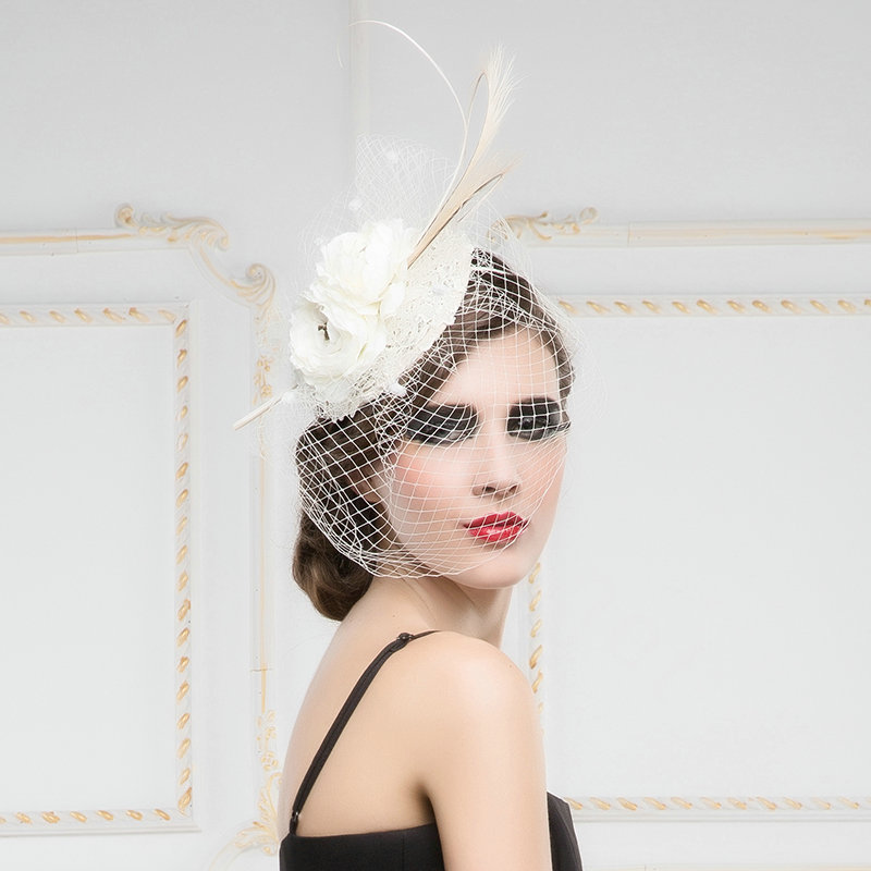 Luxury European White Birdcage Bridal Flower Feathers Fascinator Hair Hoop Bride Wedding Prom Hats Face Veils