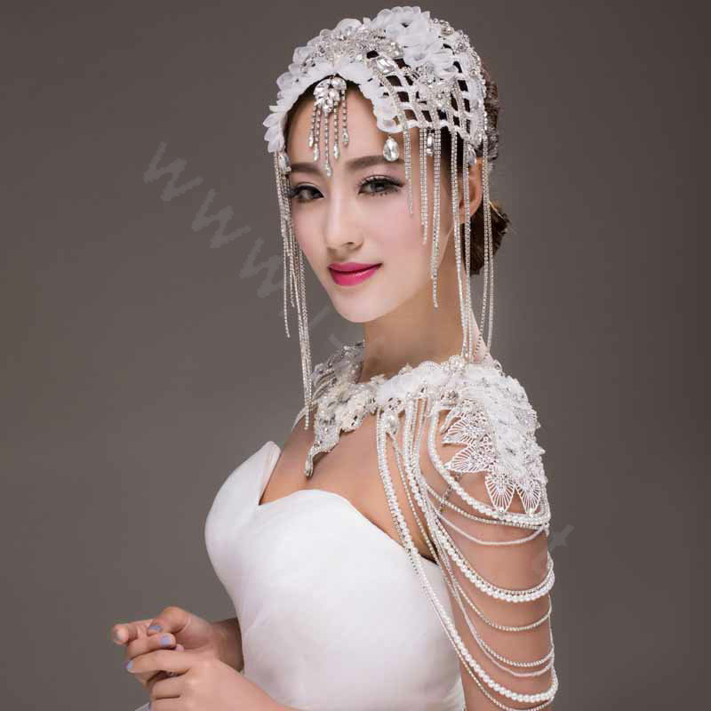 Luxury Queen Bride Lace Rhinestone Pearl Tassel Wedding Necklace Bridal Shoulder Chain Jewelry