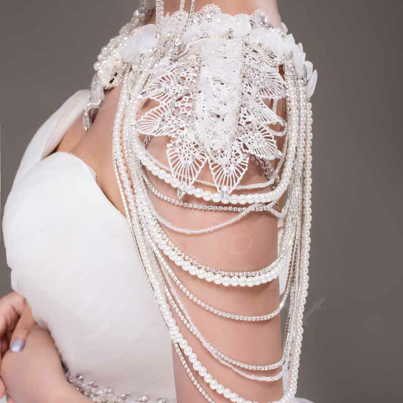 Luxury Queen Bride Lace Rhinestone Pearl Tassel Wedding Necklace Bridal Shoulder Chain Jewelry
