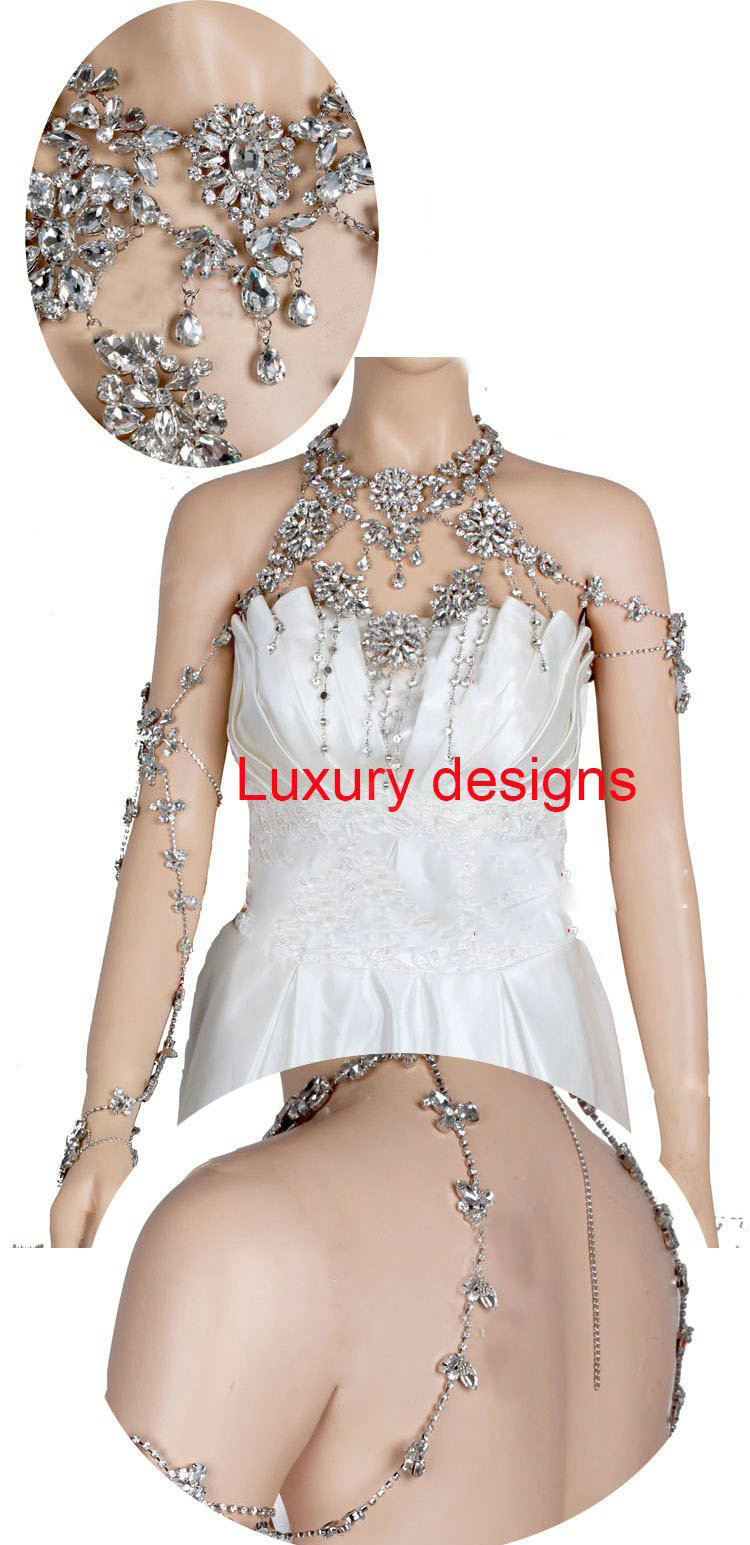 Luxury Queen Flower Crystal Bridal Necklace Rhinestone Shoulder Strap Body Chain Wedding Jewelry