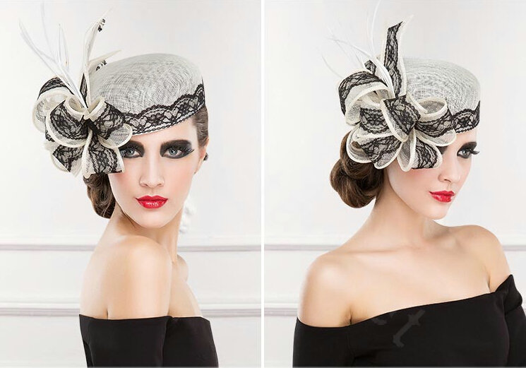 New British Aristocracy White/Black Lace Flax Bridal Flower Feathers Fascinator Wedding Dress Prom Hats