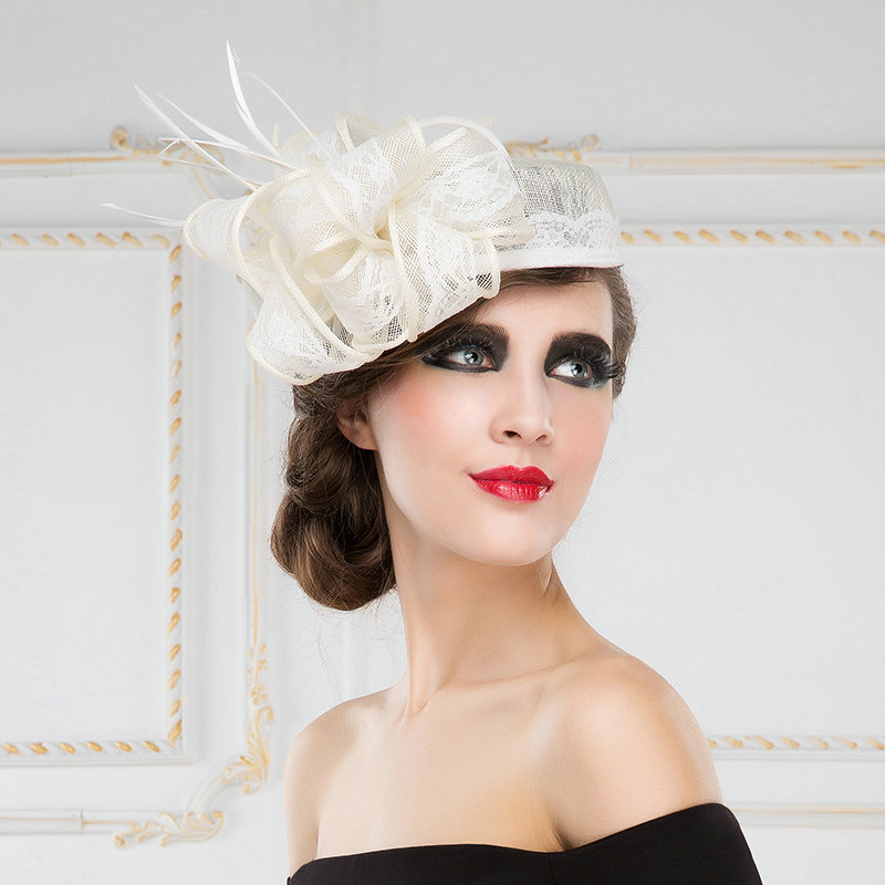 New British Aristocracy White Lace Flax Bridal Flower Feathers Fascinator Wedding Dress Prom Hats