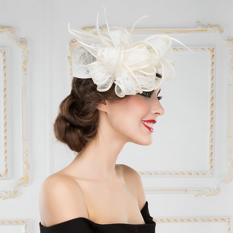 New British Aristocracy White Lace Flax Bridal Flower Feathers Fascinator Wedding Dress Prom Hats