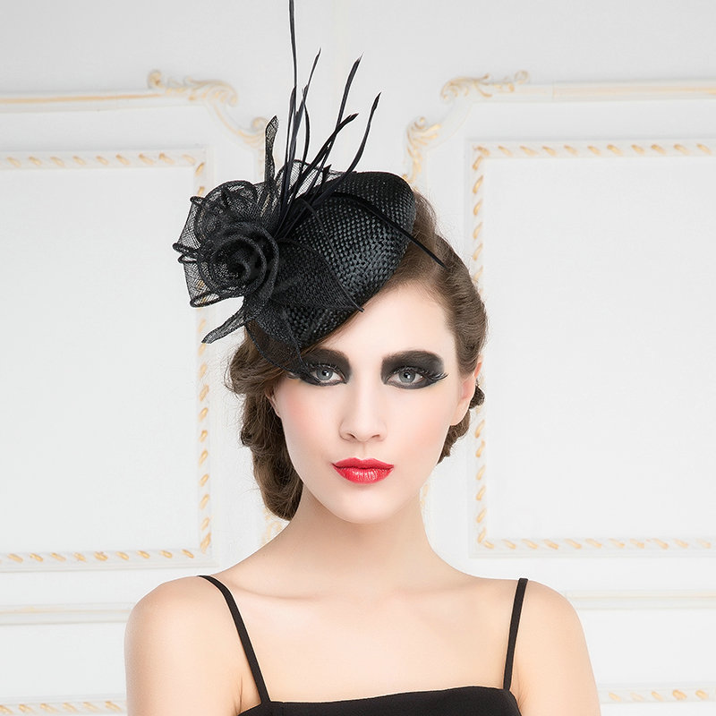 New Fashion British Black Flax Yarn Bridal Flower Feathers Fascinator Wedding Dress Prom Hat