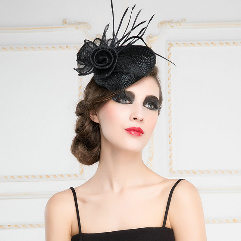 New Fashion British Black Flax Yarn Bridal Flower Feathers Fascinator Wedding Dress Prom Hat