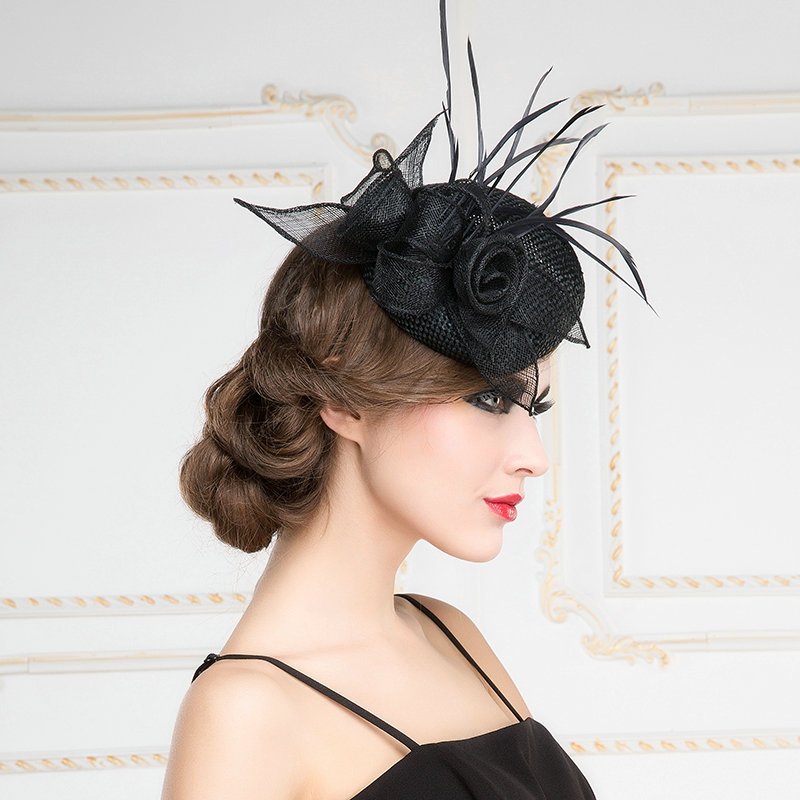 New Fashion British Black Flax Yarn Bridal Flower Feathers Fascinator Wedding Dress Prom Hat