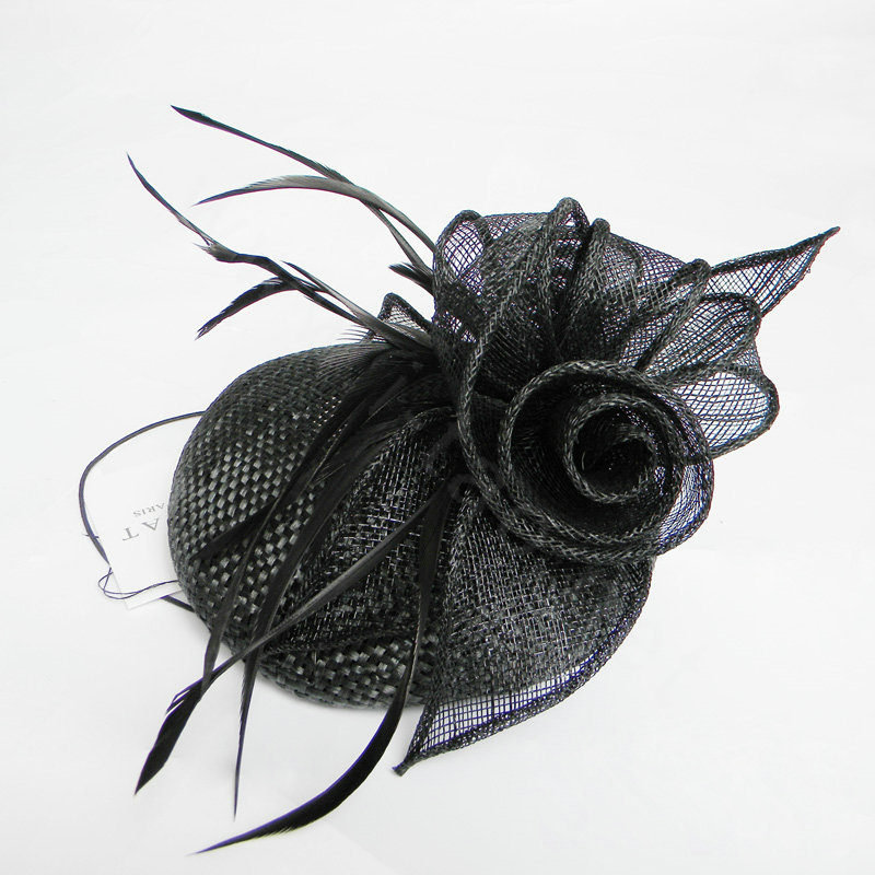 New Fashion British Black Flax Yarn Bridal Flower Feathers Fascinator Wedding Dress Prom Hat
