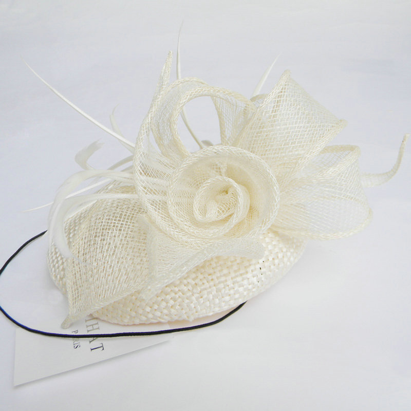 New Fashion British White Flax Yarn Bridal Flower Feathers Fascinator Wedding Dress Prom Hat
