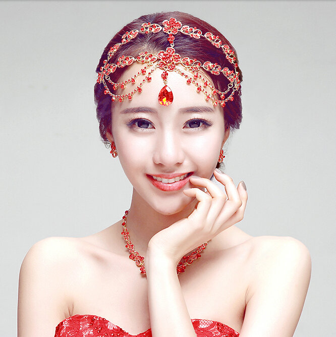 Newest Bohemia Style Flower Red Rhinestone Pendent Tassel Frontlet Bridal Headpiece Wedding Hair Accessories