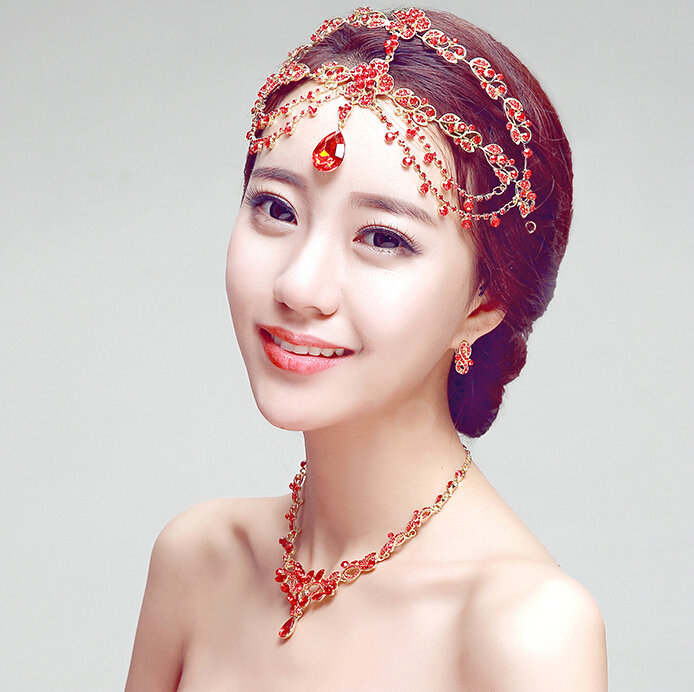 Newest Bohemia Style Flower Red Rhinestone Pendent Tassel Frontlet Bridal Headpiece Wedding Hair Accessories
