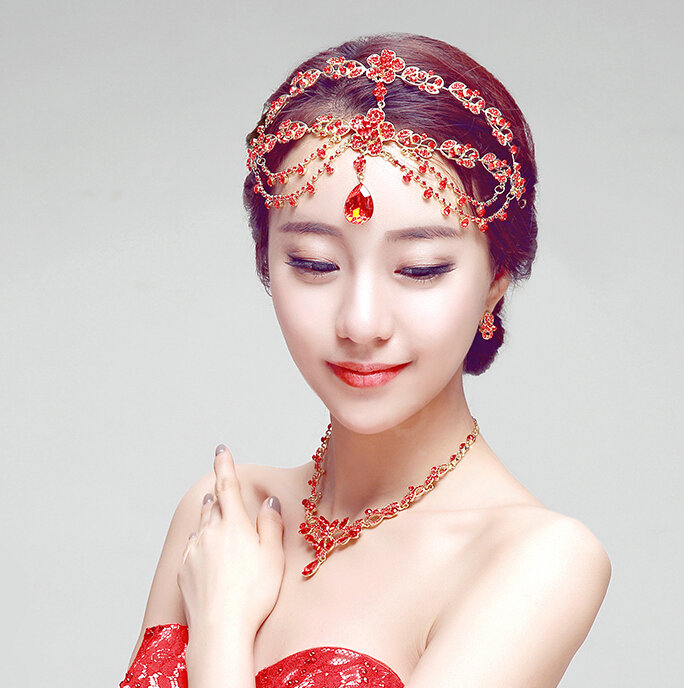 Newest Bohemia Style Flower Red Rhinestone Pendent Tassel Frontlet Bridal Headpiece Wedding Hair Accessories