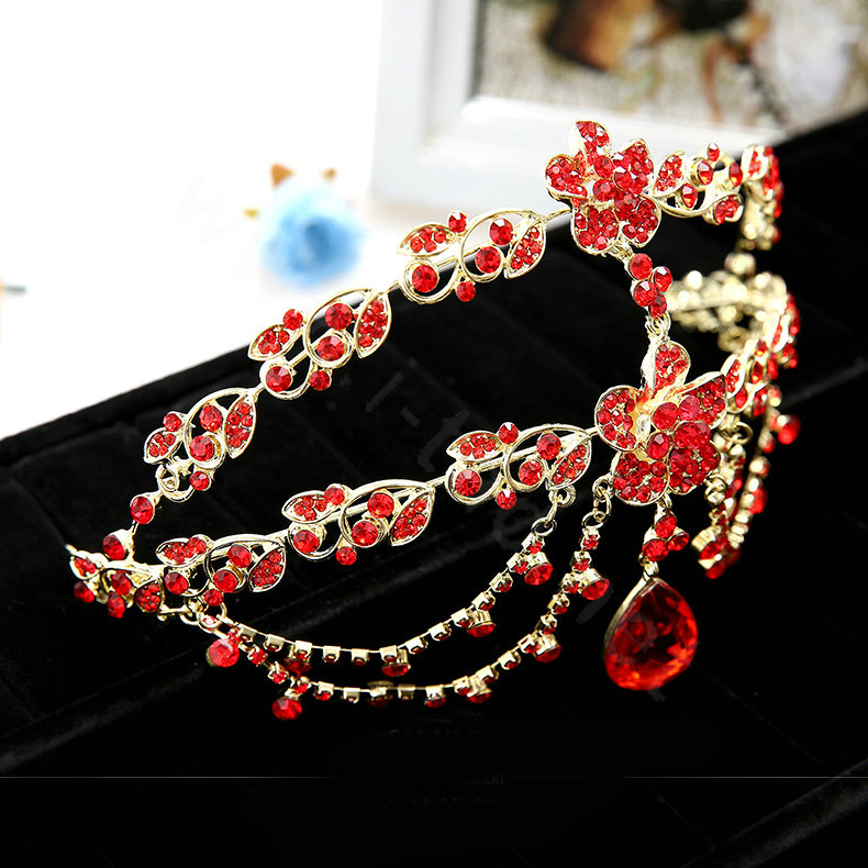 Newest Bohemia Style Flower Red Rhinestone Pendent Tassel Frontlet Bridal Headpiece Wedding Hair Accessories