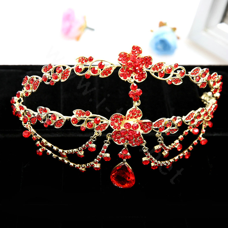 Newest Bohemia Style Flower Red Rhinestone Pendent Tassel Frontlet Bridal Headpiece Wedding Hair Accessories