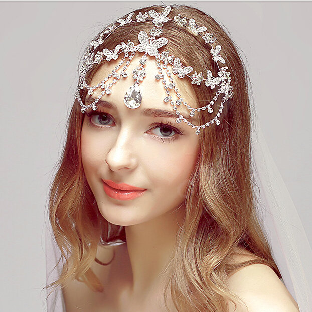 Newest Butterfly Rhinestone Pendent Tassel Frontlet Bridal Crown Wedding Hair Headpiece Accessories