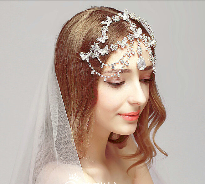 Newest Butterfly Rhinestone Pendent Tassel Frontlet Bridal Crown Wedding Hair Headpiece Accessories