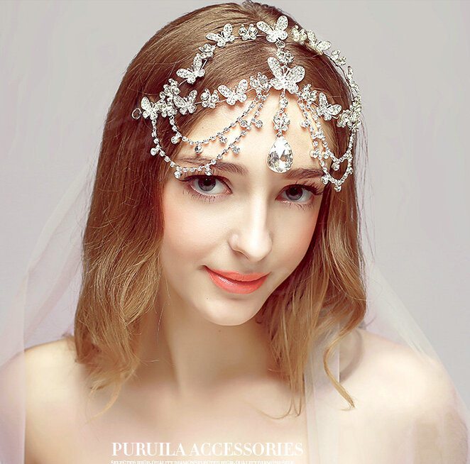 Newest Butterfly Rhinestone Pendent Tassel Frontlet Bridal Crown Wedding Hair Headpiece Accessories