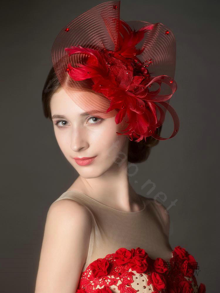Newest European Red Crystal Gauze Bridal Feather Fascinator Hair Accessories Wedding Dress Prom Hat